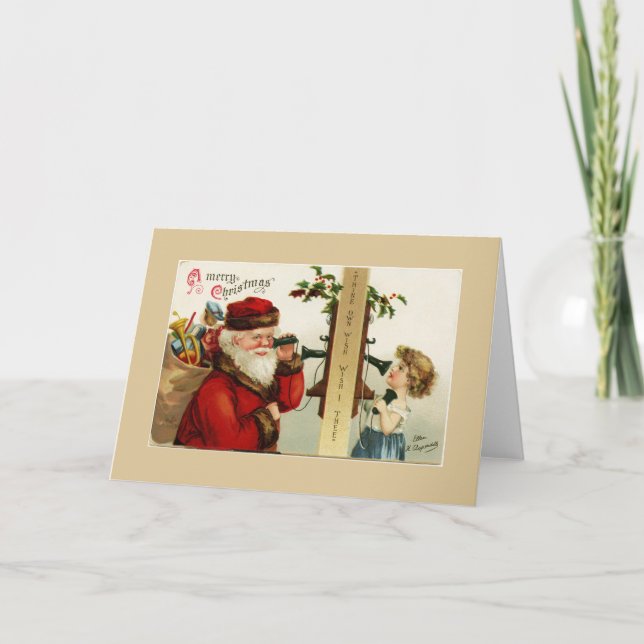 Vintage Santa and Girl på telefon Helgkort (Framsida)