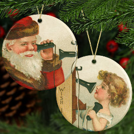 Vintage Santa and Girl på telefon jul Julgransprydnad Keramik