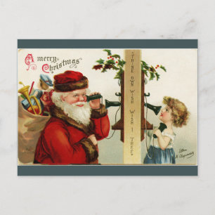 Vintage Santa and Girl på telefonkortet Helg Vykort