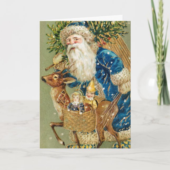 Vintage Santa and Reindeer God jul Helgkort (Framsida)