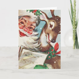 Vintage Santa and Reindeer Helgkort