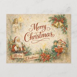 Vintage Santa Angel and Carolers Merry Christmas Helg Vykort