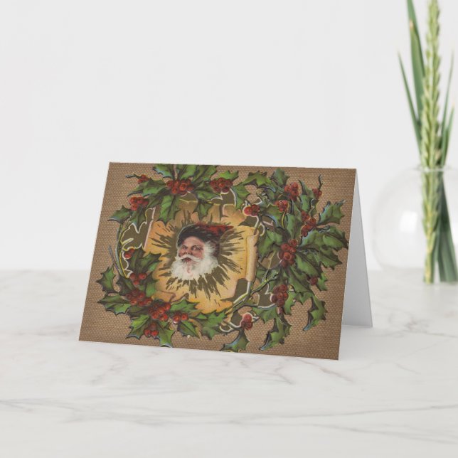 Vintage Santa Antique Holly-jul Helgkort (Framsida)