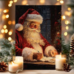 Vintage Santa at Desk jul Helgkort<br><div class="desc">Fånga julhelgens magi med vår Vintage jultomte Helgdag Card! Detta fantastiska kort har en mycket detaljerad illustration av Jultomten vid sitt skrivbord, där brev skrivs med ljus, omgiven av festliga dekorationer. Perfekt för att skicka varma semesterhälsningar ger detta kort upphov till en nostalgisk och hjärtlig stämning. Insidan innehåller en hälsning...</div>