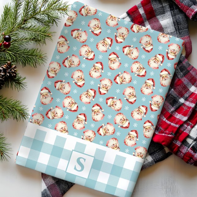 Vintage Santa Blå Gingham Monogrammerad Jul Kökshandduk (Skapare uppladdad)
