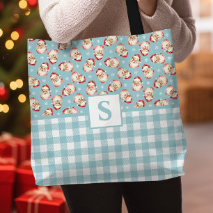 Vintage Santa Blå Gingham Monogrammerad Jul Tygkasse