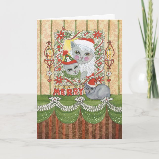 Vintage Santa Cat med Kitten Helgkort (Framsida)
