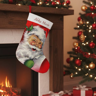 Vintage Santa Checking Hans List Personlig Stor Julstrumpa