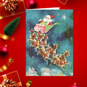 Vintage Santa Claus Flying Reindeer Over Houses Kort
