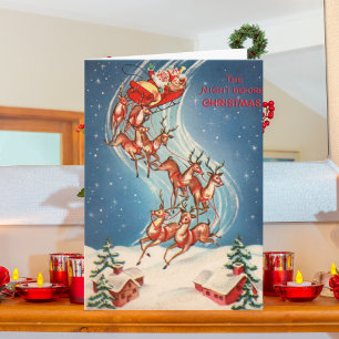 Vintage Santa Claus Sleigh and Reindeer Flying Helgkort