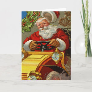 Vintage Santa Driving a Gult Car Greeting Card Helgkort