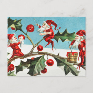 Vintage Santa Elf och Holly Berry Vykort