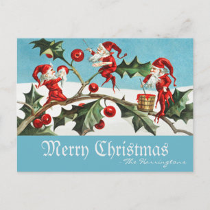 Vintage Santa Elves God jul Retro Blue Helg Vykort