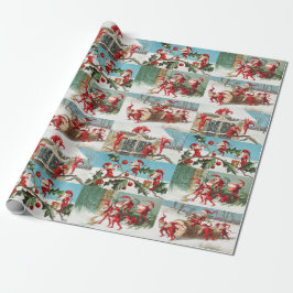 Vintage Santa Elves jul Illustration Mönster Presentpapper