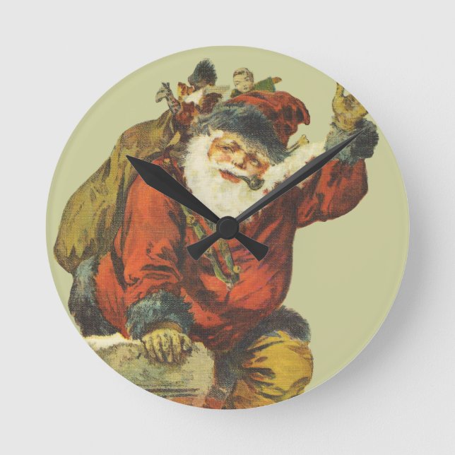 Vintage Santa Going Down Skorsten Rund Klocka (Framsida)