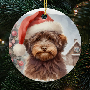 Vintage Santa Hat Brown Havanese Hund Julgransprydnad Keramik