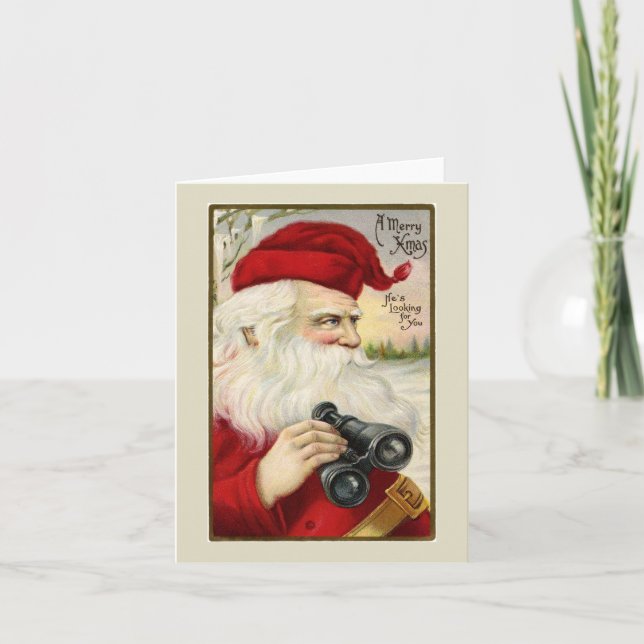 Vintage Santa Holding Binoculars Note Card Helgkort (Framsida)