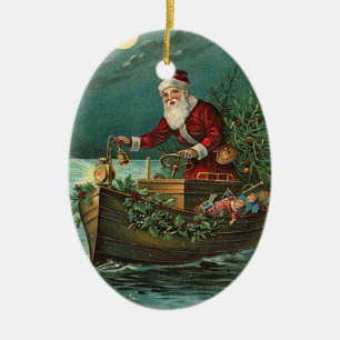 Vintage Santa i ett fartyg Julgransprydnad Keramik