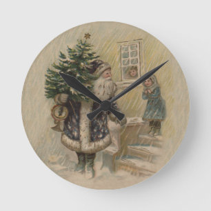 Vintage Santa i Snö Rund Klocka