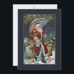 Vintage Santa in Snö med Children & Umbrella Julkort<br><div class="desc">Vackra och färglösa återställda vintagjulscen med rött jultomte som går i snö nattetid med sin arm av gåvor och som håller ett paraply medan två barn vrider vid sina plakat. Midnattsblå bakgrund med dekorativa högdagrar från gräns och guld. Bakgrunden till färg kan ändras. Baksidan har en unik komplementgrafik för anpassningsbarna...</div>