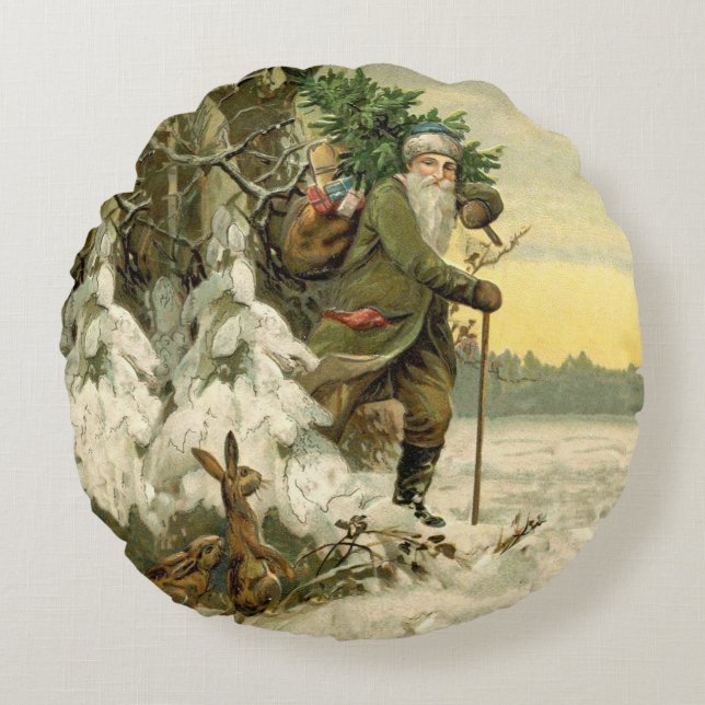 Vintage Santa jul Victorian Helgdag Rund Kudde (Framsidan)