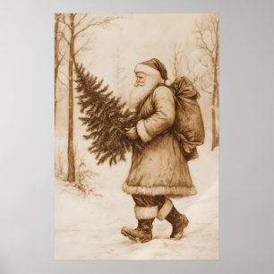 Vintage Santa julgran konsttryck Retro Poster