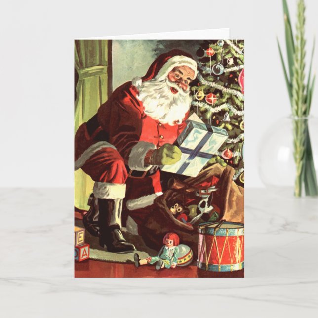 Vintage Santa Julklapp och Träd Helgkort (Framsida)