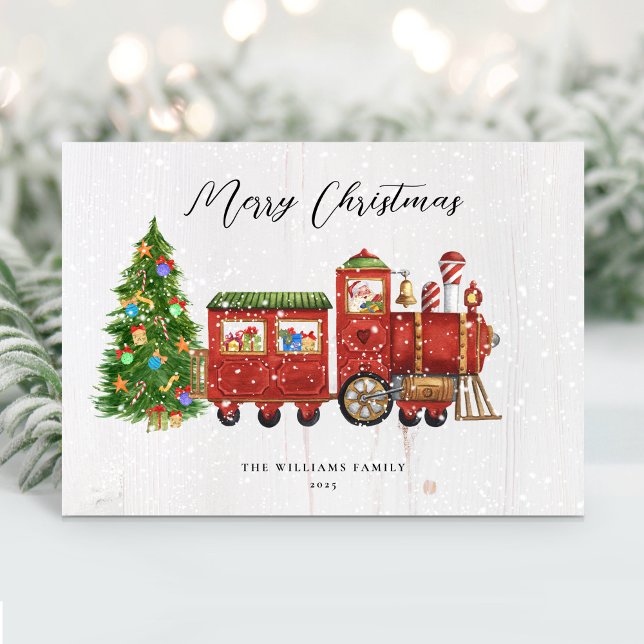 Vintage Santa julträn Icke-foto Julkort (Vintage Santa Christmas Train Non-Photo Holiday Card)