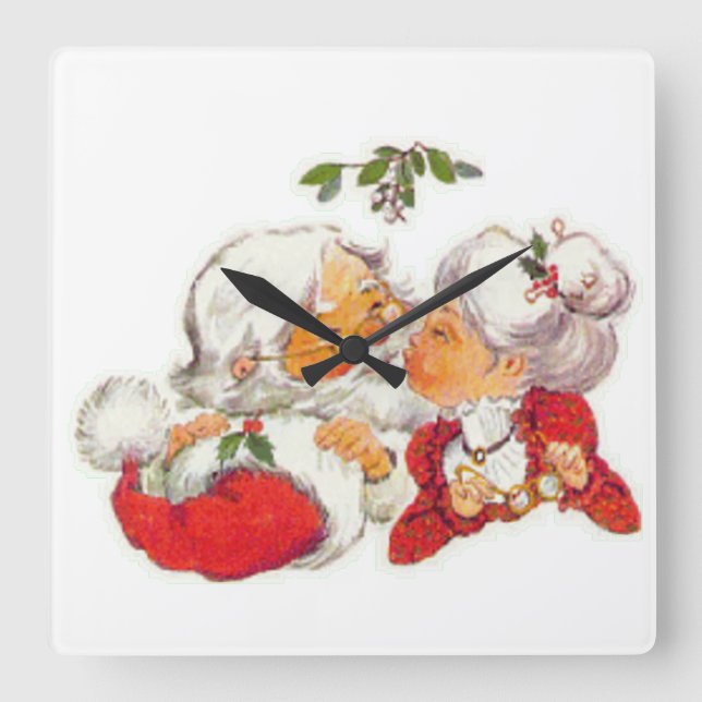 Vintage Santa Kissing Mrs Claus Fyrkantig Klocka (Framsida)