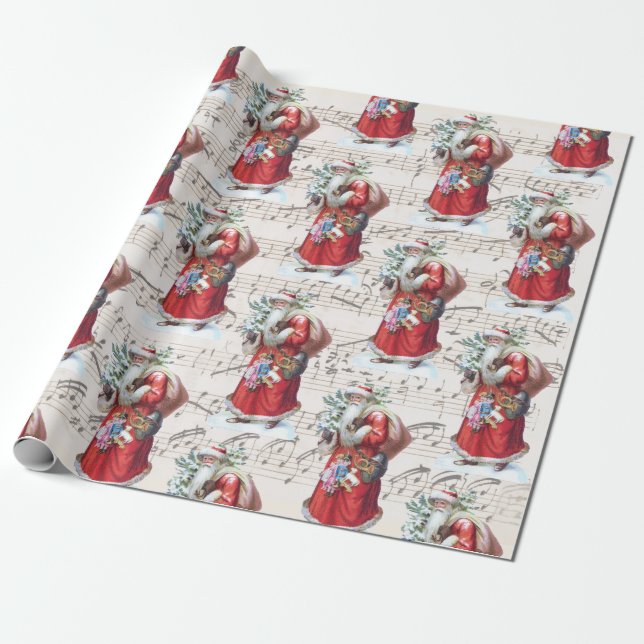 Vintage Santa Lakan Musik Julafton Wrapping Papper Presentpapper (Utrullad)