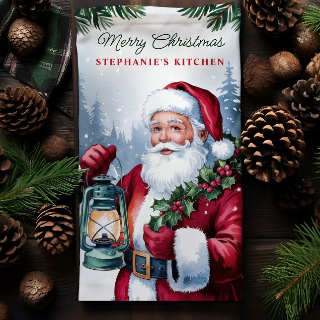 Vintage Santa Lantern Personlig jul Kökshandduk (Skapare uppladdad)