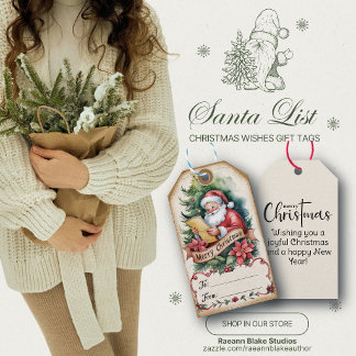 Vintage Santa Lista Julönskningar Presentkort Presentetikett