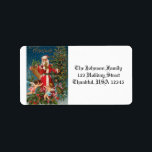 Vintage Santa med Änglar Adressetikett<br><div class="desc">Gamla tomten som blåser en leksak-trumpet omgiven av söta körkornbodar,  evergreens,  klocka och dekorerad Julgran med stjärnvintvätten himlar bakom honom.</div>