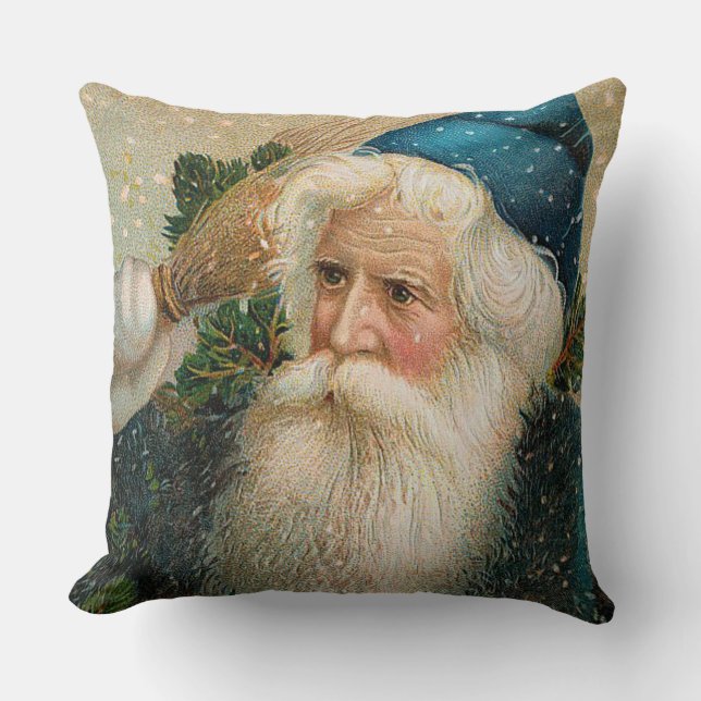 Vintage Santa med blåttlocket Kudde (Framsida)
