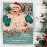 Vintage Santa med Candy cane jul Party Inbjudningar<br><div class="desc">Denna inbjudan till julfesten i mitten av århundradet ger skarp plats åt Jultomten med röd hatt och blått grönt som håller candy cane och viftar hej med "Helgdag Önskemål".</div>