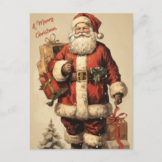 Vintage Santa med julklappar Helg Vykort (Framsida)