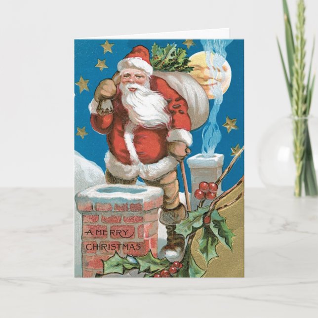 Vintage Santa med Måne Helgkort (Framsida)