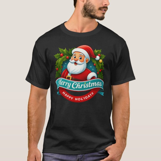 Vintage Santa Merry Christmas Emblem Tee (Framsida)