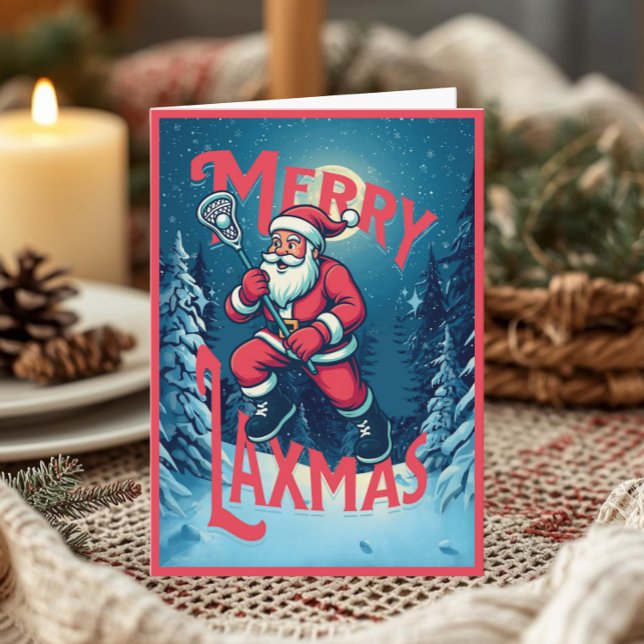 Vintage Santa Merry Laxmas Lacrosse Christmas Kort (Vintage-style “Merry Laxmas” Christmas greeting card featuring Santa Claus holding a lacrosse stick )