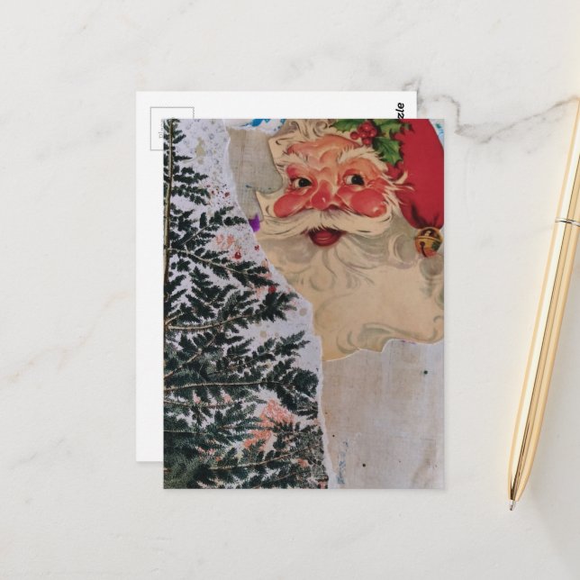 Vintage Santa Mixed Media Collage Vykort (Fram/Back In Situ)