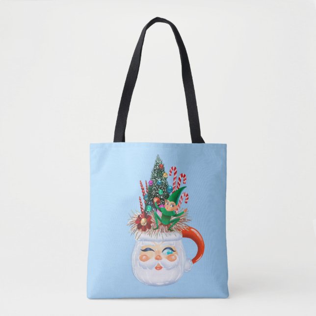 Vintage Santa Mugg Light Blue Tote Bag Tygkasse (Framsida)