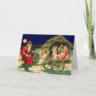 Vintage Santa och julkrubba Helgkort