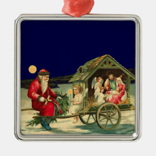 Vintage Santa och julkrubba Julgransprydnad Metall