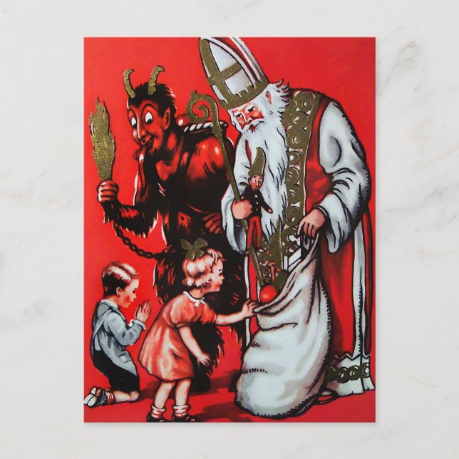 Vintage Santa och Krampus vykort (Framsida)