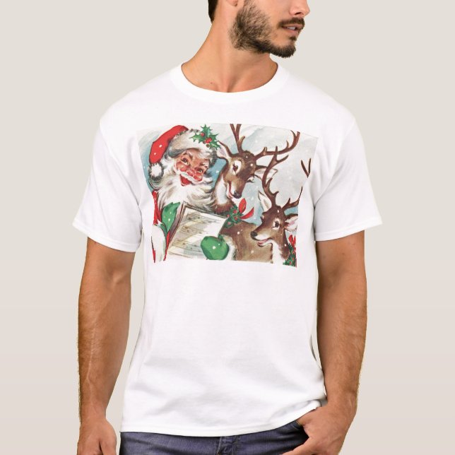 Vintage Santa och ren T-shirt (Framsida)