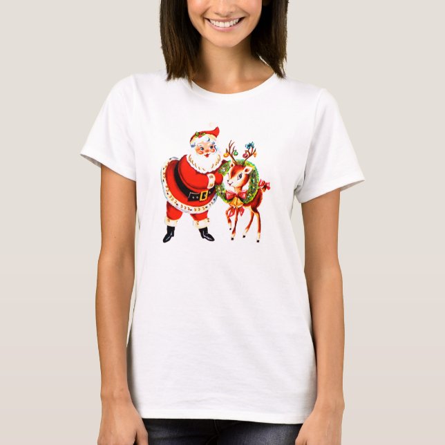 Vintage Santa och ren T-shirt (Framsida)
