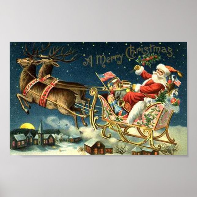Vintage Santa och Sleigh Poster (Framsidan)