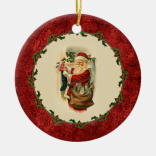 Vintage Santa och strumpaprydnad Julgransprydnad Keramik