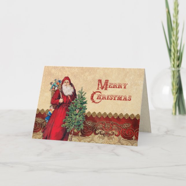 Vintage Santa och Träd Helgkort (Framsida)