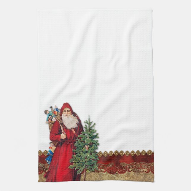 Vintage Santa och Träd Kökshandduk (Vertikal)